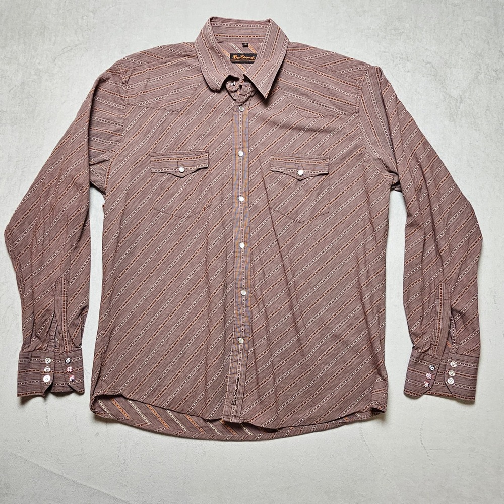 Ben Sherman Mens L Brown Diagonal Stripe Pearl Snap‎ Western Shirt Long Sleev